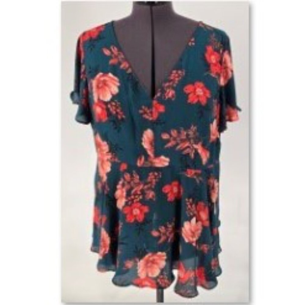 616-33 Torrid Teal Floral Georgette Flutter Sleeve Babydoll Top Blouse 2 (18/20)